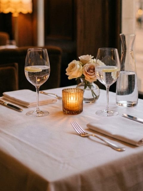 A candlelit table for two with glasses and roses